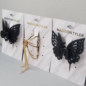 3 Madison Tyler Butterfly Hair Clips - 2 Matte Black, 1 Gold with Chains & Beads
